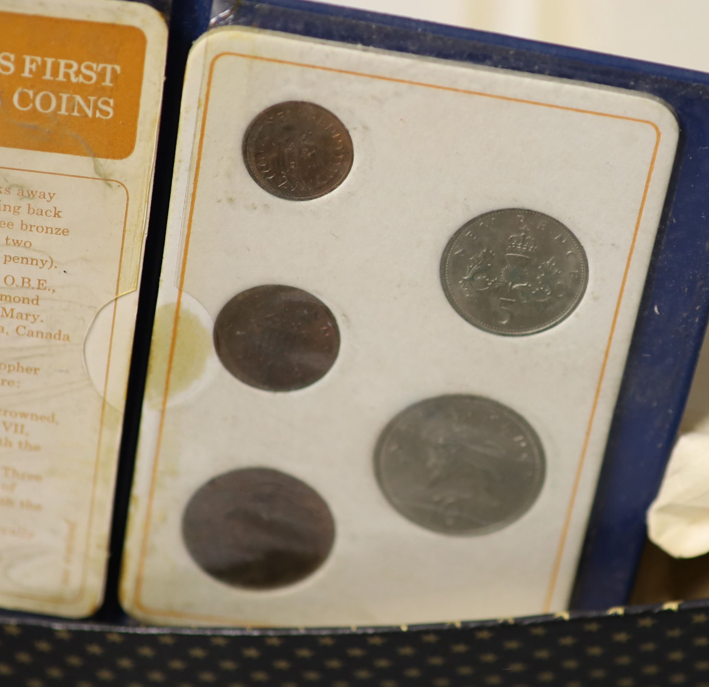 A collection of Queen Elizabeth II coin year sets, 1970-1976, a George V 1928 part maundy set, 1d, 2d and 4d, various Crowns, threepences etc.